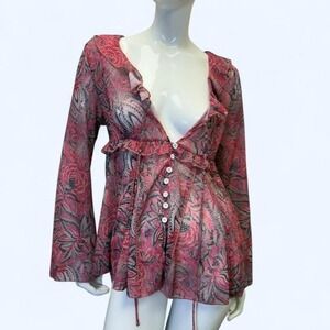 sheer paisley ruffle tie-front babydoll top  dramatic bell sleeves